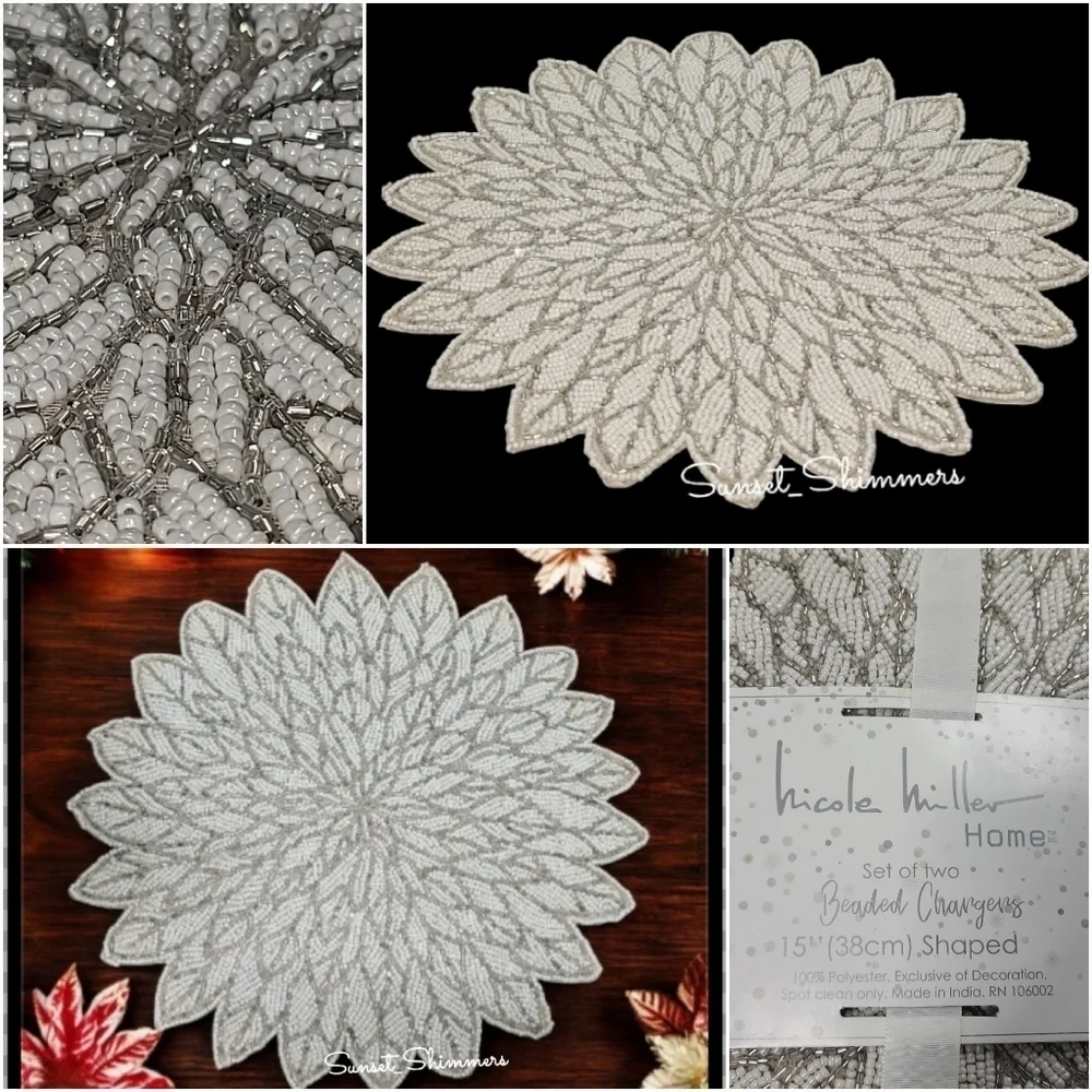 x4 Nicole Miller White & Silver POINSETTIA Sparkly Beaded Placemats Chargers New